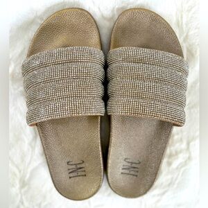 INC Womens Peymin Rhinestone Embellished Slip On Pool Slides Gold